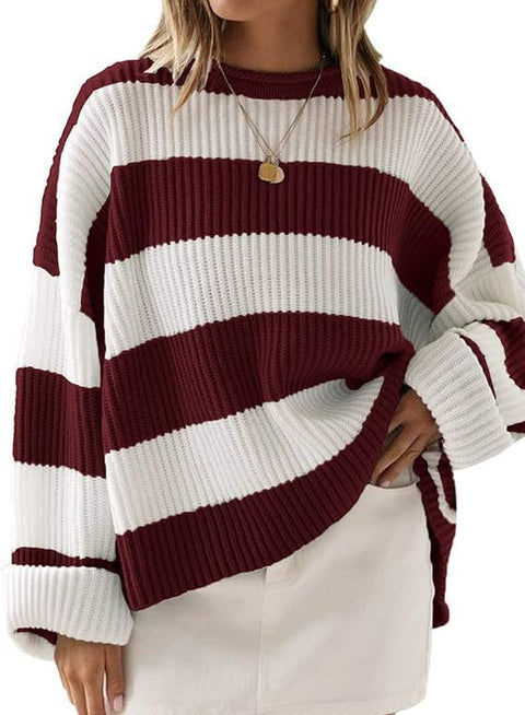 Crew neck long sleeve striped knitted sweater flared sleeve loose sweater women m301591