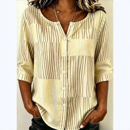 Cotton and linen shirt round neck seven-quarter sleeve single-breasted casual top m303032