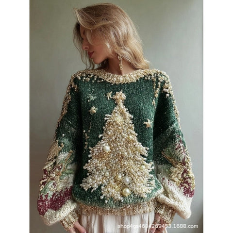 Knitted Women's Christmas Crew Neck Long Sleeve Pullover Women's m302124