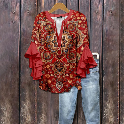 Digital printing casual trend V-neck lotus edge T-shirt women's m302725-2