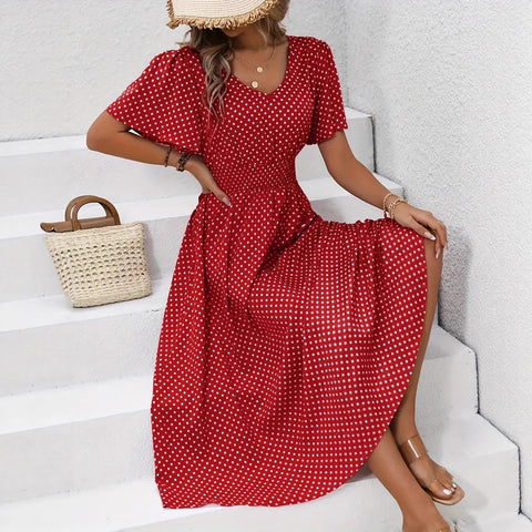 Hot Sale V-Neck Polka Dot Pullover Casual Dress m302656