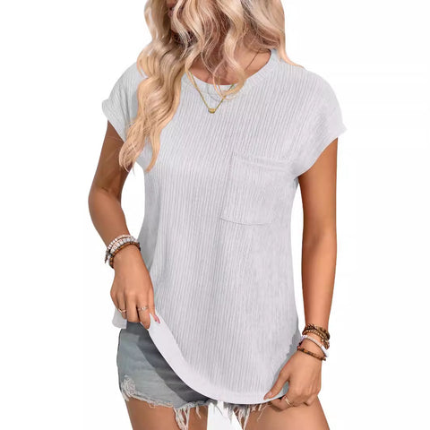 New Casual Crew Neck T-Shirt Top Pocket Women's m300986