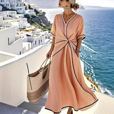 V-neck women's fashion elegance commuter ladies printed striped dress print ladies print ladies m302355