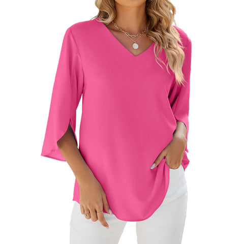 Solid color V-neck medium-sleeved loose chiffon shirt women's top m301658