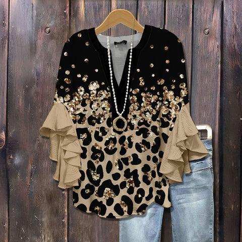 Creative floral element printing digital printing casual trend V-neck lotus edge T-shirt women's m301769