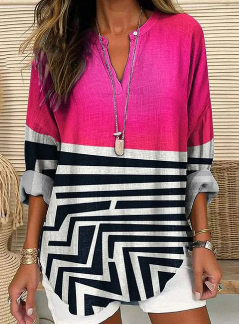 Loose 3D Printed V-Neck Shirt Long Sleeve T-Shirt m301360