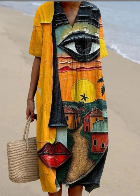 Fashion digital printing large wide V-neck dress m302382