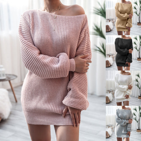 One-word collar casual loose knitted sweater skirt m300578