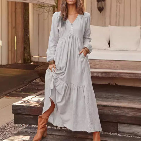 Button cotton and linen retro casual long-sleeved dress big swing long dress multi-color m301374