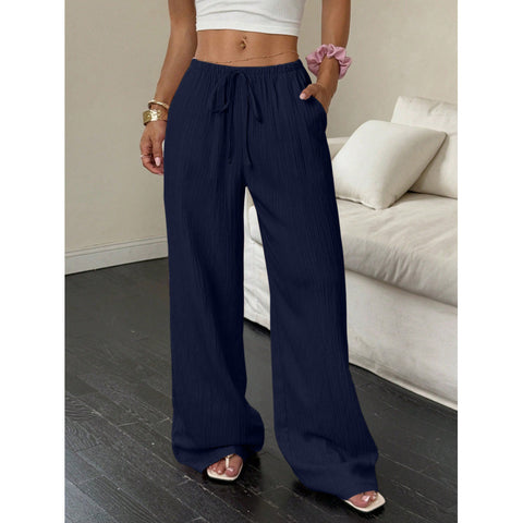 Casual solid color textured fabric knotted waist diagonal pocket wide leg pants m302809