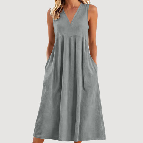 Solid color pullover V-neck sleeveless cotton loose dress m302773