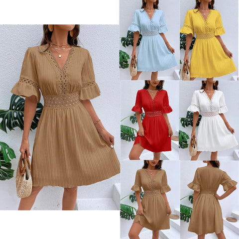 Splicing lace fashion V-neck waist solid color dress m300990