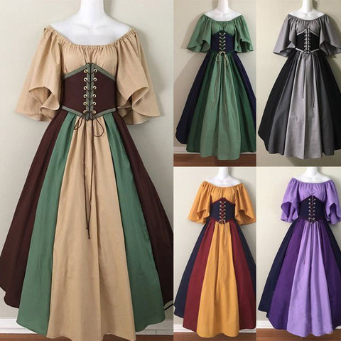 Medieval retro contrasting color slim-fit skirt flying sleeve big swing skirt m301546