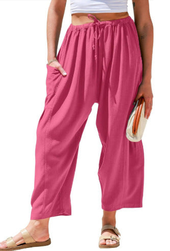 Elastic waist pleated middle waist straight pants loose casual cotton and linen nine-point pants m301883