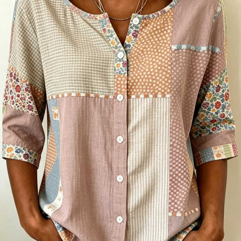 Women's Top Printed Casual Short Sleeve Collarless Shirt m303047