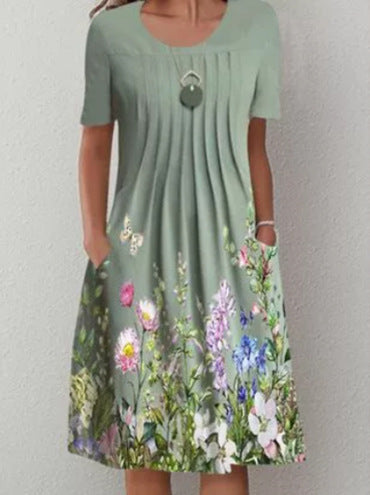 Spring/Summer Floral Print Crew Neck Pocket Medium Length Dress m300905