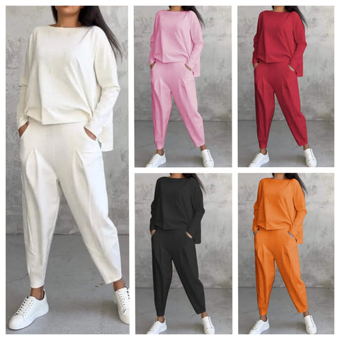 Women's solid color round neck long-sleeved suit women's pocket pants trousers m301510