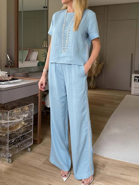 Crew neck pullover new trousers cotton and linen multi-color women's suit m302722