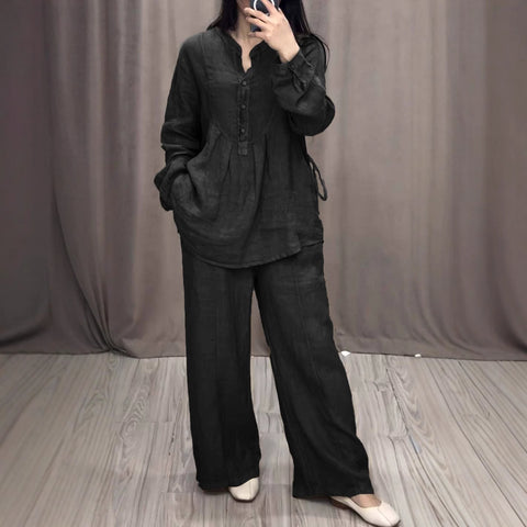 New fashionable and comfortable cotton and linen long-sleeved semi-open placket casual pleated wide-leg pants set m301930