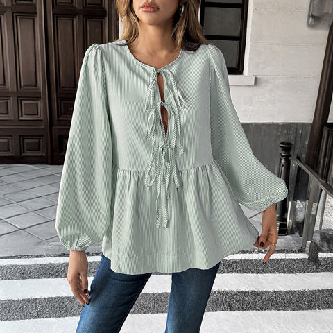 Temperament elegant striped long-sleeved strap T-shirt shirt m301397