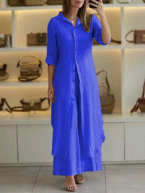Elegant cotton and linen slim-fitting waist long-sleeved shirt wide-leg pants set m301063