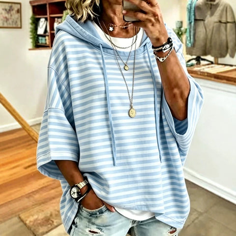 Women's new loose casual striped hooded seven-quarter-sleeved sweater pullover hoodie m302998