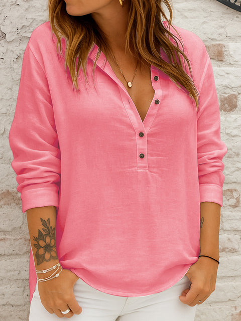 Casual loose fashion long-sleeved cotton and linen solid color retro lapel pullover shirt m302184