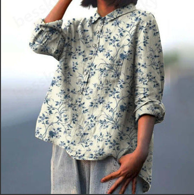 Long Sleeve Bamboo Linen Printing Fashion Versatile Lapel Shirt m301040