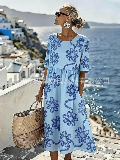 Women's medium and long sleeves side bag crew neck dress seaside vacation loose dress m302606