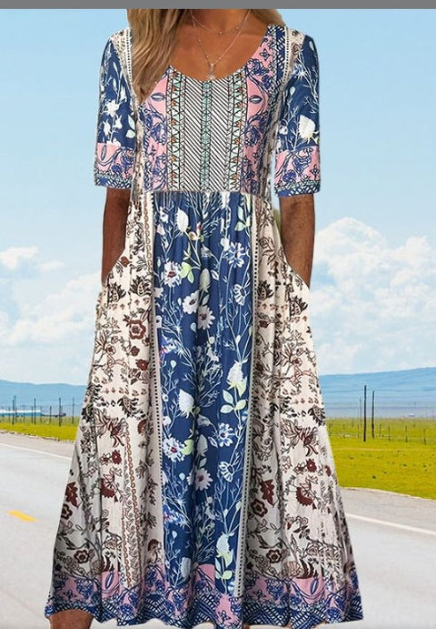 Up and down splicing pocket size printing large wide dress m302623