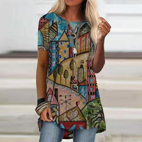 Popular round neck casual ethnic style retro printed short-sleeved T-shirt m301756