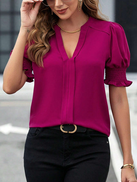 New V-neck temperament bubble sleeves solid color shirt blouse m301005