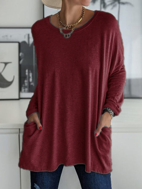 Crew neck long sleeve loose pocket solid color T-shirt casual women's clothing m301315