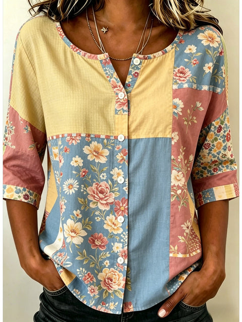 Women's Top Printed Casual Short Sleeve Collarless Shirt m303047