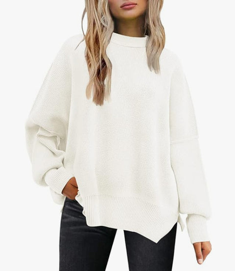 Crew neck bat wing long-sleeved sweater autumn knitted side slit jumper m301590