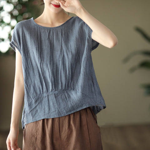 Vintage twisted pleated pendulum tencel ramie top femininity short-sleeved literary jumper m302056