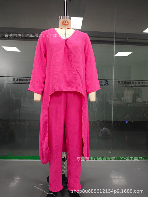 Women's summer pocket V-neck 2-piece set solid color loose women's clothing m301501