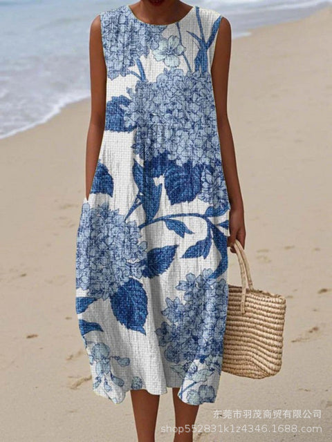 New sleeveless casual printing temperament long dress dress slim fit small fresh casual dress m301521