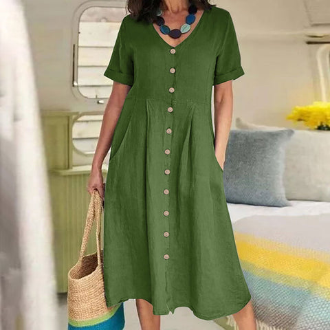 New solid color loose high waist cotton and linen dress m301192