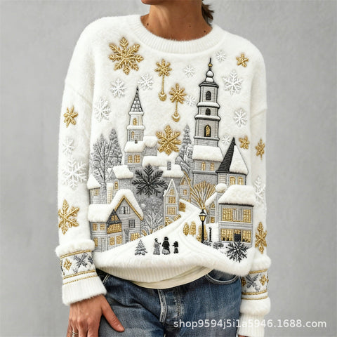 Digital printed flannel christmas ladies crew neck sweater autumn and winter m302198