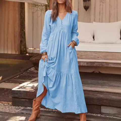 Button cotton and linen retro casual long-sleeved dress big swing long dress multi-color m301374