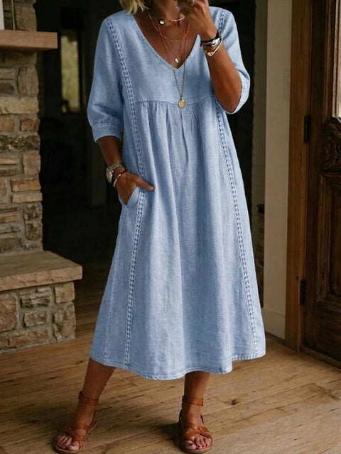 Loose v-neck splicing lace edge solid color medium sleeve dress m302991