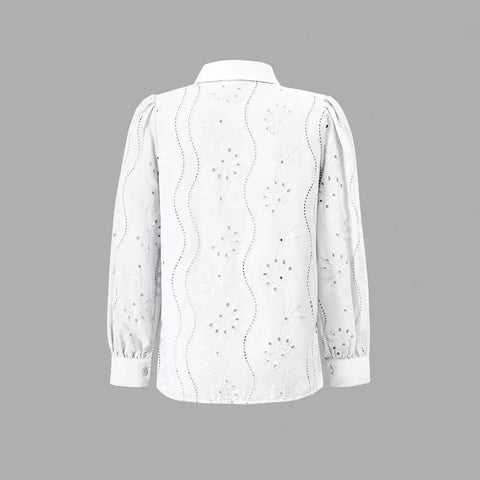 New single-breasted solid color embroidery loophole long-sleeved lapel shirt women's upper m301024