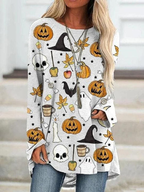White Casual Graphic Tops Round Neck Long Sleeve Halloween Printed Sweatshirts M800020