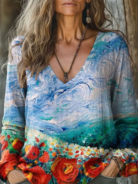 Casual V-neck long-sleeved pullover loose digital printing women's top T-shirt m301741