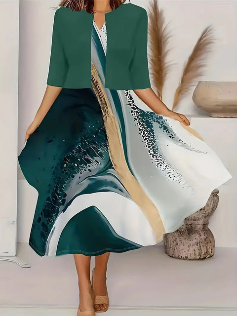 New women's long dress two-piece set flower and grass print crew neck dress jacket m302471