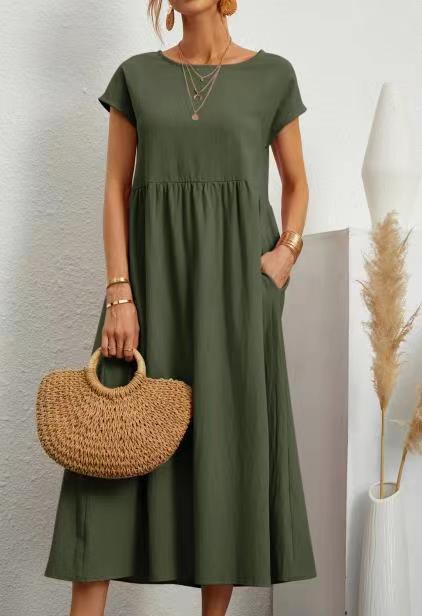 Sleeveless loose cotton and linen pocket dress m301061