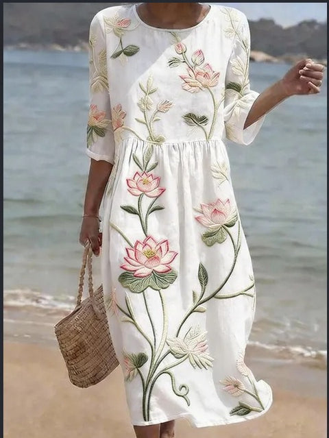 Women's medium and long sleeves side bag crew neck dress seaside vacation loose dress m302606
