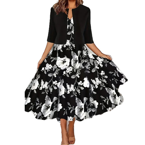 New women's long dress two-piece set flower and grass print crew neck dress jacket m302471