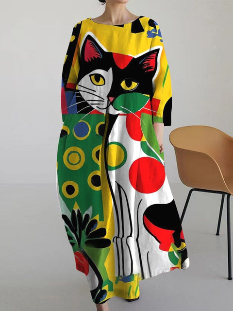 Loose Crew Neck Fashion Long Sleeve Printed Dress m301072